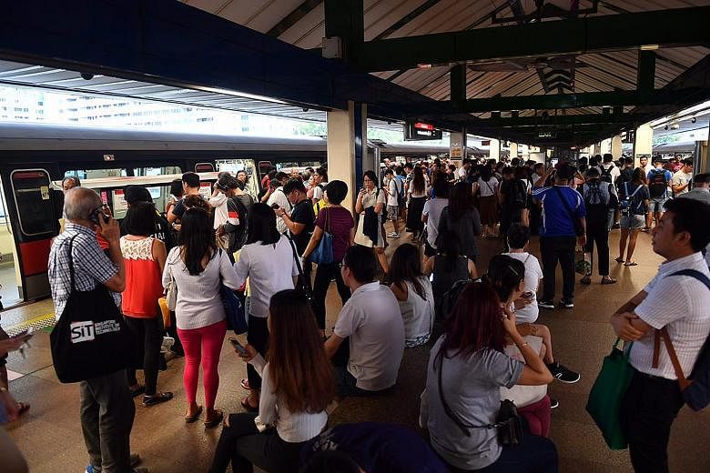 A train had pulled in to the platform at Khatib MRT station yesterday evening, but commuters could not board as the train service was down.