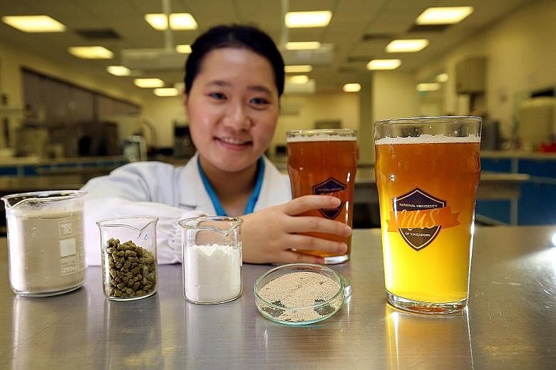 The probiotic beer is the brainchild of Ms Alcine Chan, 22, a fourth-year student at the National University of Singapore's faculty of science. She is seen here with the sour beer containing probiotics that she brewed for her final-year project.