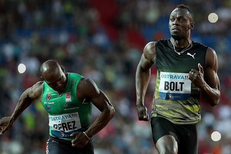 Usain Bolt struggles to win the 100m in Ostrava on Wednesday. His time of 10.06sec was only 0.03sec ahead of Cuba's Yunier Perez in second place.