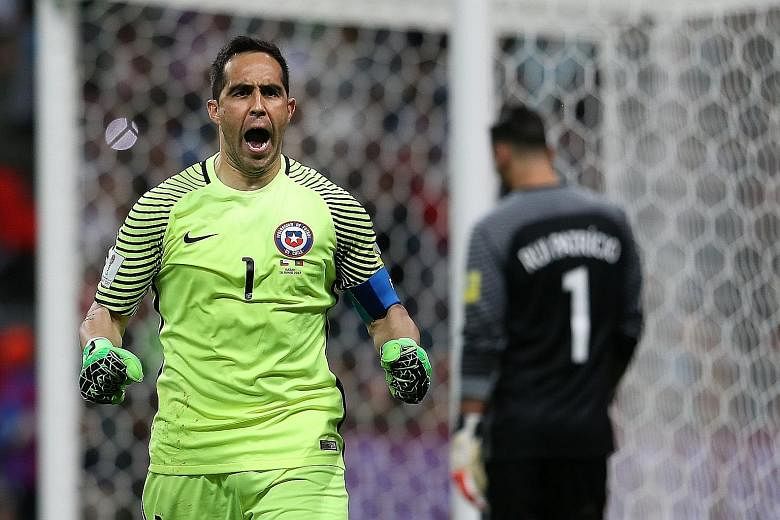 From top: Chile goalkeeper Claudio Bravo reacting in jubilation on Wednesday against Portugal in the Confederations Cup semi-final penalty shoot-out, in which he saved against Ricardo Quaresma, Joao Moutinho and Nani.