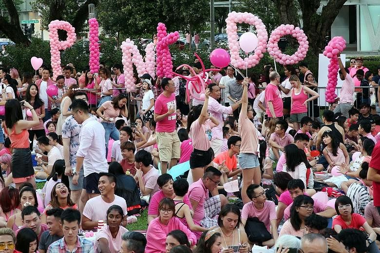 The annual rally at Hong Lim Park yesterday saw 20,000 Singaporeans and permanent residents attending (above and below). Some from the LGBT community took to the stage to share their views. Pink Dot ambassadors - singer Nathan Hartono, paralympian Th