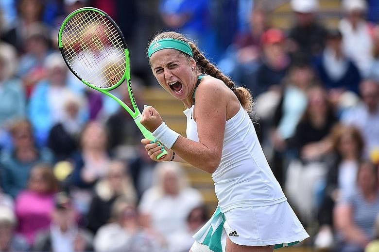 Jelena Ostapenko of Latvia in action against Britain's Johanna Konta at the Eastbourne International. The world No. 13 is fresh off her first Grand Slam win.
