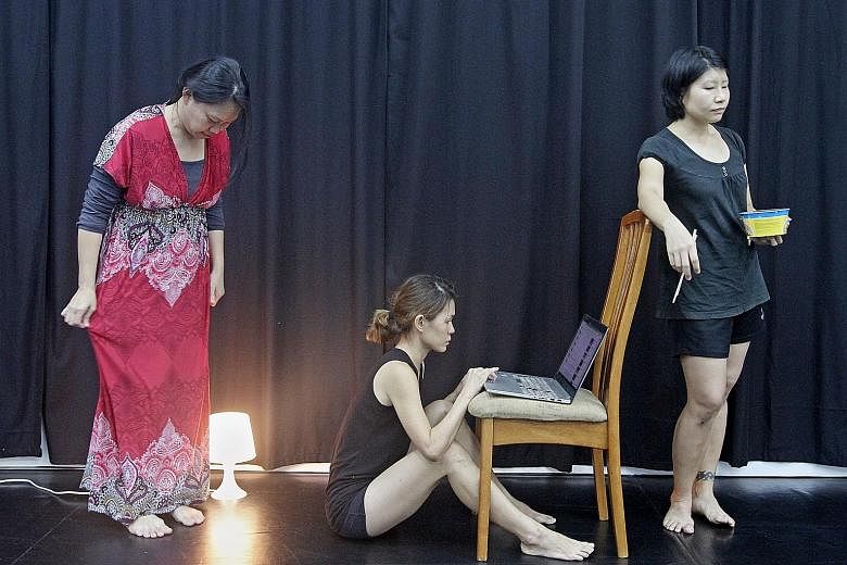 (From left) Ebelle Chong, Neo Hong Chin and Pat Toh in Man Man Zou (Phase 1), one of three presentations in RawGround: Clutter.