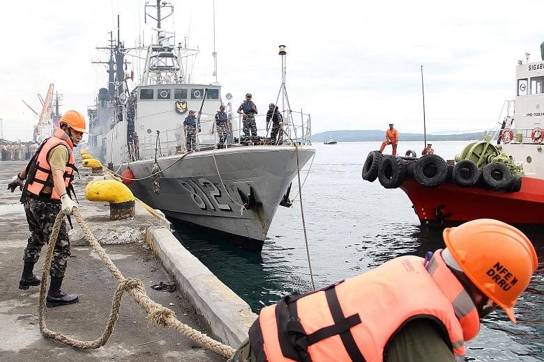 An Indonesian patrol ship docking at a port in Davao, southern Philippines, on Monday. The Philippines and Indonesia yesterday started their annual joint patrol of the Celebes Sea.