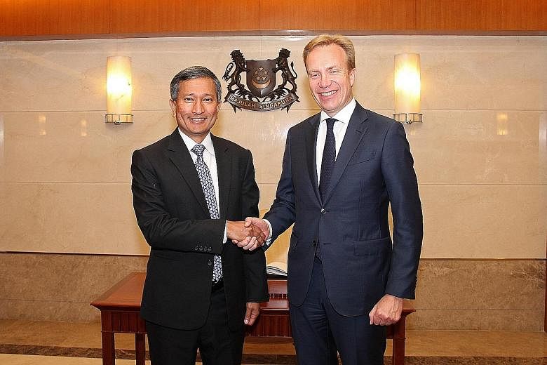 Minister for Foreign Affairs Vivian Balakrishnan (far left) hosted his Norwegian counterpart Borge Brende to lunch on Tuesday.