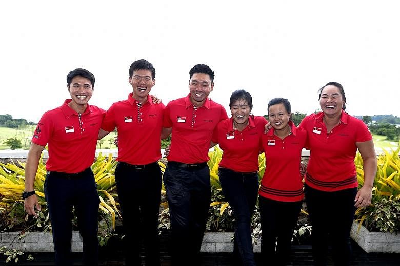 Singapore golfers (from left) Gregory Foo, Joshua Ho, Joshua Shou, Sarah Tan, Jacqueline Young, and Callista Chen believe they can win medals in the team events at the SEA Games.