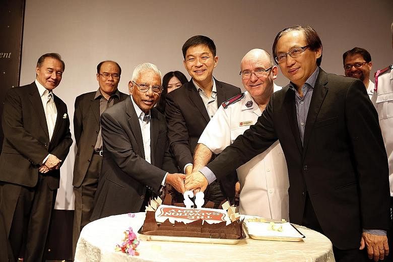 At the dinner yesterday were (front, from left) former minister S. Dhanabalan, patron of The Salvation Army; Mr Tan Chuan- Jin, Social and Family Development Minister; Colonel Lyndon Buckingham, Territorial Commander, The Salvation Army; and Mr Bill 