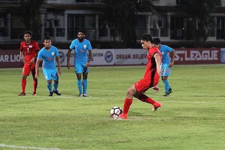 Forward Ikhsan Fandi converting a spot kick in the 51st minute to give Singapore's U-23 side a 1-0 win over their Indian counterparts at Choa Chua Kang Stadium.