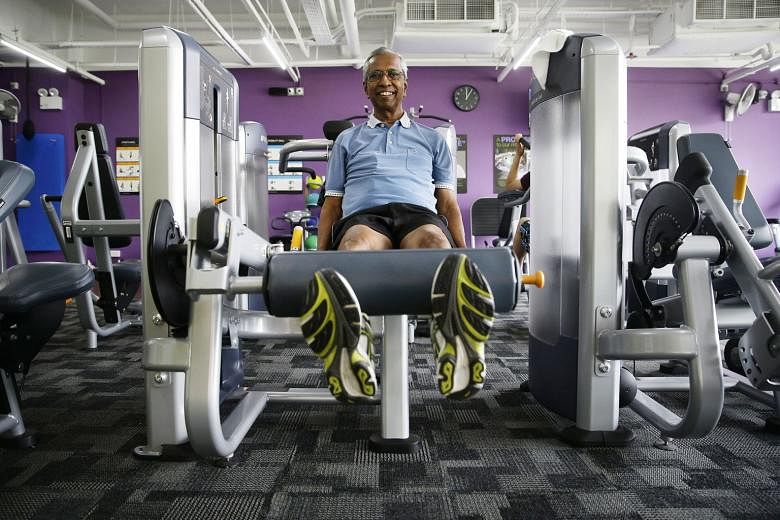 Brisk-walking in a park near his home and hitting the gym (below) are activities Mr N. Subramaniam does every day. In the early 1970s, the former Cedar Girls' sports coach introduced mandatory jogging sessions for all girls, to improve their aerobic 