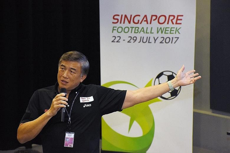 SportSG chief Lim Teck Yin speaking at the launch of Singapore Football Week. The July 22-29 festival will even cater to those who do not actually kick a ball - e-gamers, foosball and sports table football players.