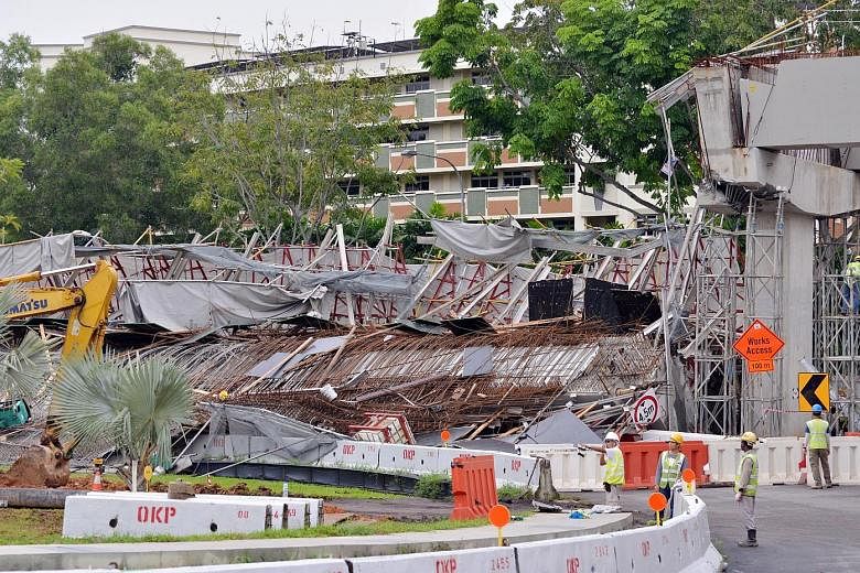 The worksite accident in Upper Changi Road East early yesterday morning left one worker dead and 10 injured. Preliminary investigations have found that failed corbels were responsible for the collapse of a section of the viaduct adjacent to a slip ro