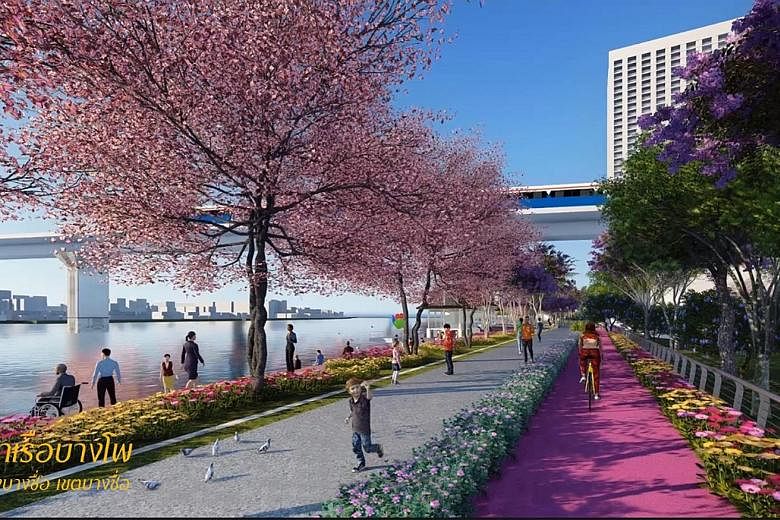 Right: The pier at Rama VII Bridge where the new lane will begin, stretching southwards towards Phra Pinklao Bridge. Its construction is slated to start next month. Far right: An artist's illustration of how the embankment will look.