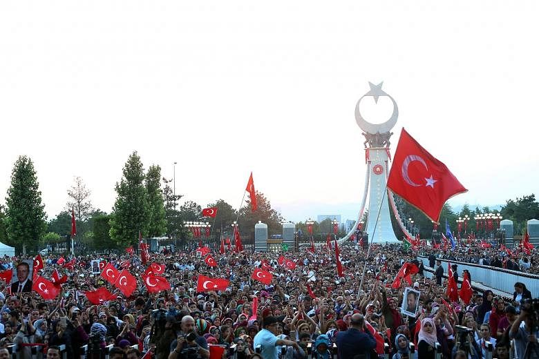 Hundreds of thousands gathered at the presidential palace in Ankara last Saturday for a ceremony to mark the first anniversary of the failed coup. Yesterday, Turkish President Recep Tayyip Erdogan (below) met supporters and inaugurated a monument hon
