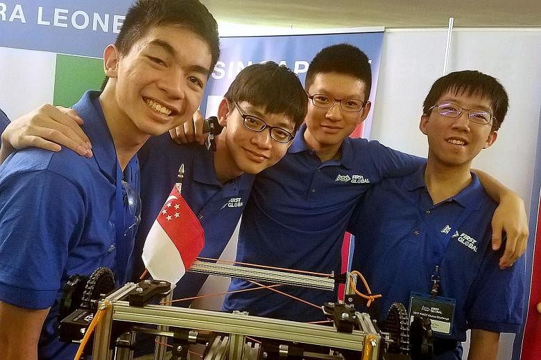 Members of the Anglo-Chinese School (Independent) team (from left) Isaac Lee, Caven Chia, Aron Choo and Tan Hsien Rong. For the US competition, each team works with the same robot kit bought from the organisers. The objective: to construct a robot wh