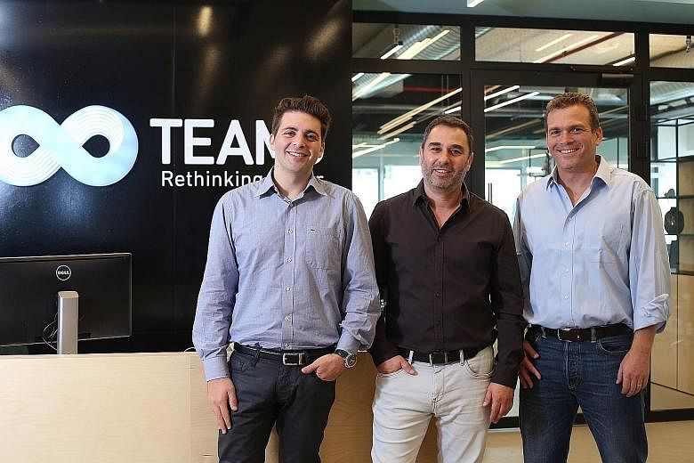 (From left) Team8 co-founders Liran Grinberg, Israel Grimberg and Nadav Zafrir, who are alumni of the Israeli Defence Forces. Mr Zafrir, the CEO, says the start-up accelerator provides a "platform for leaders and entrepreneurs to build innovative, ca