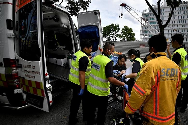 Above: SCDF and HazMat officers at the scene of the incident. At about 3.50pm yesterday, the SCDF said its HazMat detectors showed no reading of the chemical vapour in the production room. The surrounding environment was also declared safe, with no t