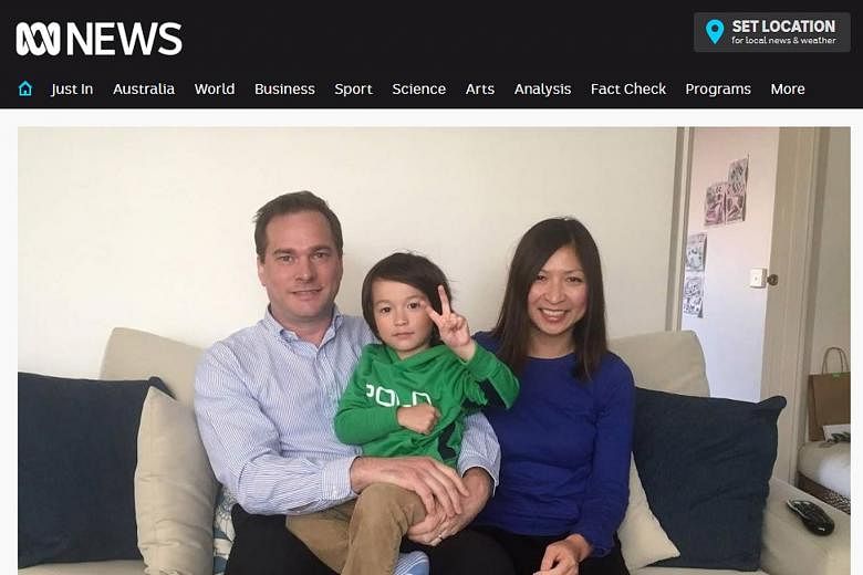 Three-year-old Marcus Daley with his parents Chris and Hong Daley, in a screengrab from ABC News. He had a severe allergic reaction when other passengers on the SIA flight opened their packets of peanuts.