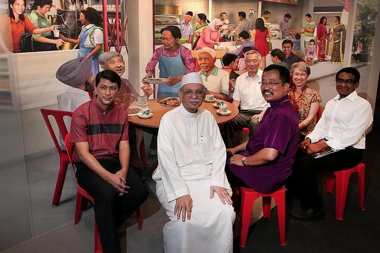 Left: Prime Minister Lee Hsien Loong and Mrs Lee with (from far left) inter-faith activist Hassan Ahmad and IRO members Imam Hassan Al-Attas of Ba'alwie Mosque, Lutheran Bishop Terry Kee and Mr Noor Marican, in front of a trick-eye mural. Above: PM L