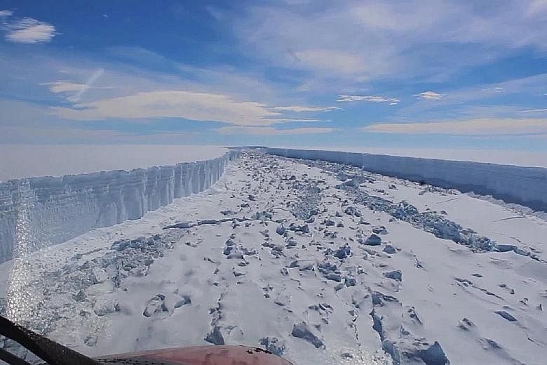 The growing crack in the Larsen C Ice Shelf as seen in February. Last week, a 5,800 sq km iceberg - more than eight times the size of Singapore - calved from the ice shelf.