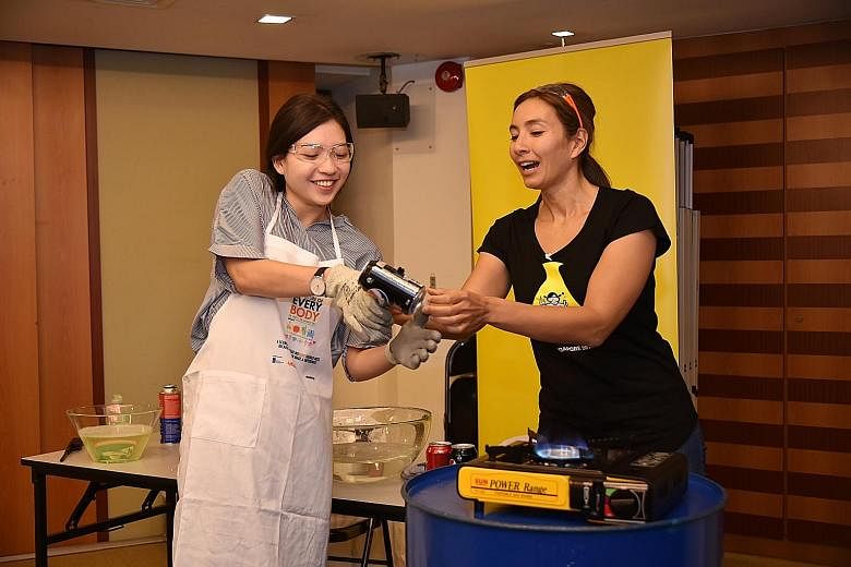 (From left) Temasek Polytechnic students Andreana Tang, Joanne Lee and Jody Wong, who are all 18, will be performing at the Science Buskers Festival, an event for enthusiasts to express science in a fun and creative manner. Cultural Medallion recipie