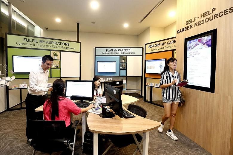 Under the new R³ (Recruit, Reskill, Retain) programme, job seekers can register at Workforce Singapore's Careers Connect at Our Tampines Hub (left) and be taken to visit employers to learn about the job roles and work environment.