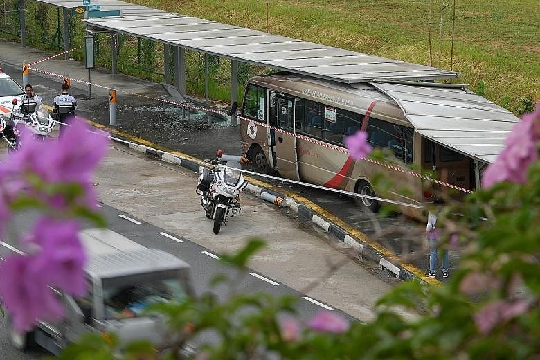 The Mount Alvernia Hospital shuttle bus carrying 26 people was heading towards Bishan yesterday afternoon when it crashed into the bus stop along Braddell Road. Two pregnant women were among the 13 injured, and were among those taken to hospital.