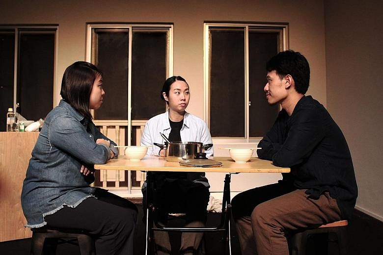 (From far left) Dawn Teo, Chang Ting Wei and Andy Pang star in Chicken Curry, part of Toy Factory Productions' The Wright Stuff platform for new playwrights.