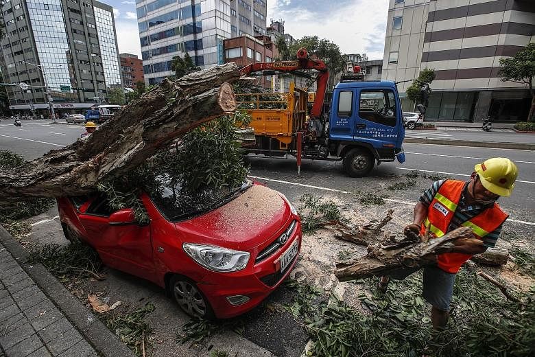 A worker clearing up the damage caused by Typhoon Nesat in Taipei yesterday. More than half a million homes were left without power, and crops were destroyed.