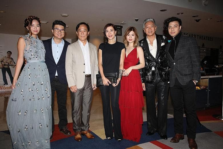 Above: The cast and crew of Wonder Boy, (from left) Foo Fang Rong, Daniel Yam, Gerald Chew, Constance Song, Michelle Wong, Dick Lee and Benjamin Kheng, at the film's gala premiere last night at Marina Bay Sands' Sands Theatre. Right: Actor Edmund Che