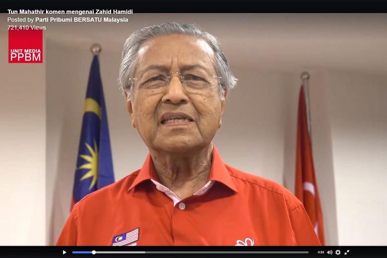 A screenshot of Dr Mahathir in a video that he released on Monday in which he also alleged that Deputy Prime Minister Zahid had asked him for support to become the next prime minister.