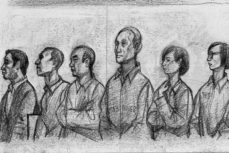 A sketch of (from left) Chew Eng Han, Tan Ye Peng, John Lam, Kong Hee, Serina Wee and Sharon Tan in court yesterday. The six have been convicted of misusing millions of dollars in church funds.