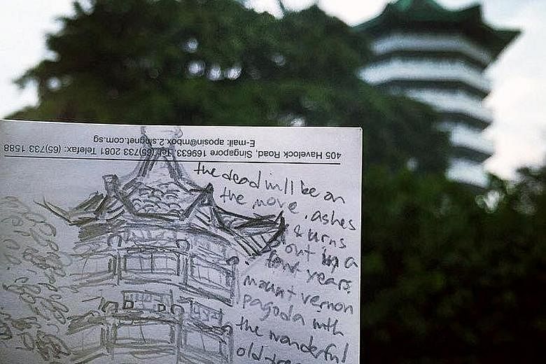 The writer anxiously doodled the Mount Vernon Columbarium pagoda framed by trees during Qing Ming Festival last year as she was worried then it could be the last time she would get to see it. The Housing Board announced in 2013 that the columbarium w