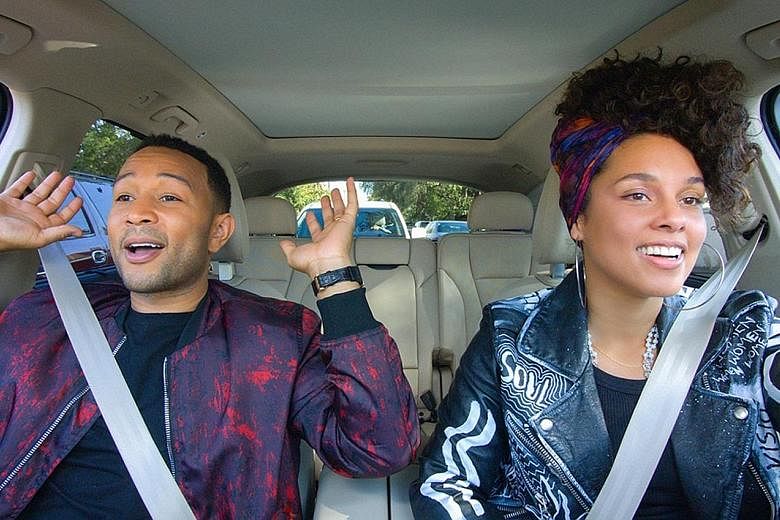 Singers John Legend (above left) and Alicia Keys in a taping of a Carpool Karaoke: The Series episode.