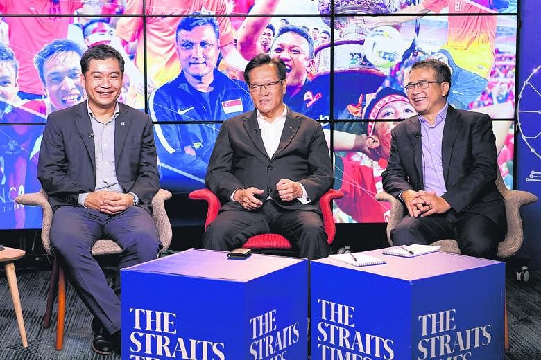 From left: FAS deputy president Bernard Tan, president Lim Kia Tong and vice-president Edwin Tong during the round-table session to outline their plans to revive Singapore football.