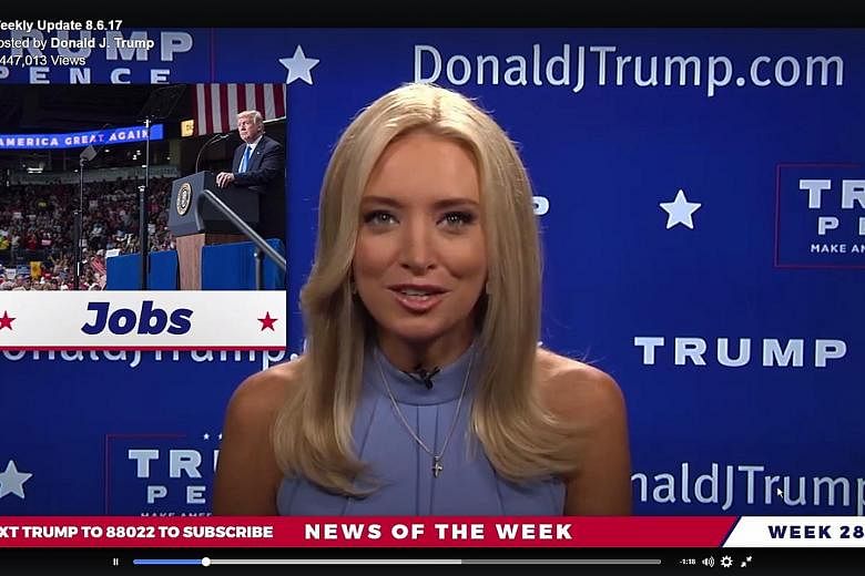 The bulletin was presented by Ms Kayleigh McEnany, who ran through a series of positive stories about President Donald Trump, while seated in front of a blue Trump-Pence themed wall.