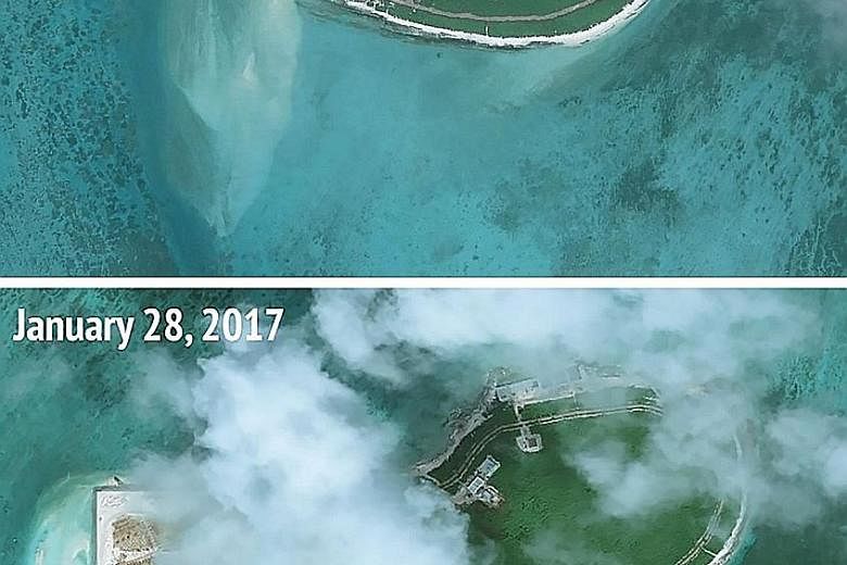 Satellite pictures released by a think-tank showing the new structures that were added to Tree Island between 2012 and this year.