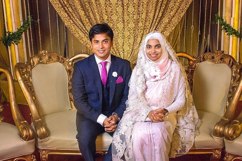 Ms Tasnim Jara and her husband at her wedding in Dhaka. She wore her grandmother's cotton sari with no make-up or jewellery.