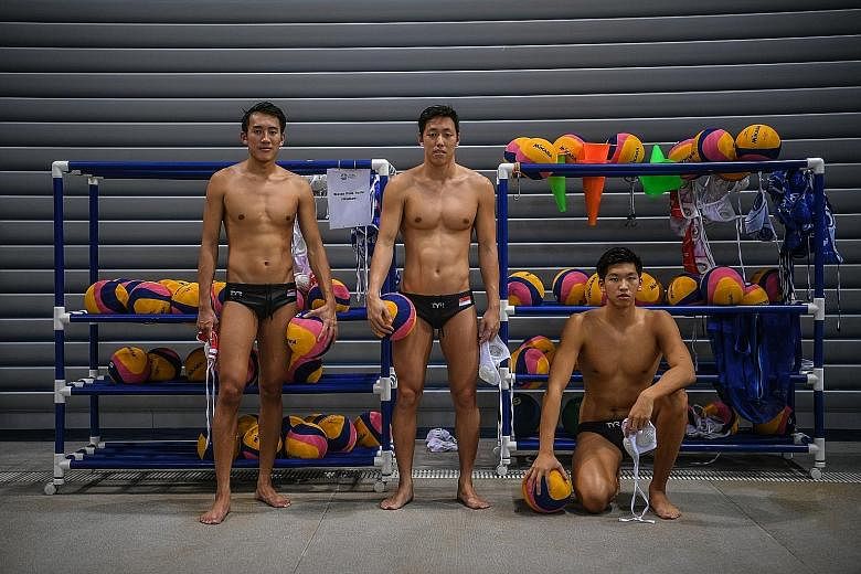 From left: Goalkeeper Lee Kai Yang, left-driver Koh Jian Ying and centre-forward Yu Junjie know there is an expectation for them to extend Singapore's winning streak at the SEA Games men's water polo competition.