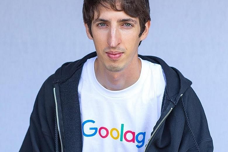 Mr James Damore in a T-shirt bearing the word "Goolag". The Soviet Gulag ran forced-labour camps during the 1930s.
