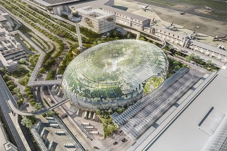 Ongoing mega-projects include Jewel Changi Airport and Tuas mega-port. Jewel Changi Airport (above), a mixed-use airport terminal complex, will feature Singapore's largest indoor garden. Tuas mega-port being built in western Singapore will double the