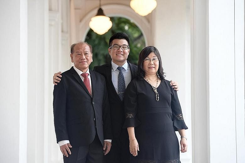 The fifth President's Scholar, Mr Lee Tat Wei, with his parents Lee Yeow Shoon, 69, and Teo Kwee Hiang, 59. The former ACS (I) student will be heading to Yale University to study liberal arts.