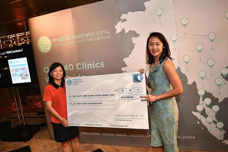 Ms Tan Bee Heong (at left), general manager of The Straits Times School Pocket Money Fund, received a cheque for $38,000 from the managing director of Novu Medical Aesthetic Clinic, Ms Jennifer Loh, at the company's private patient appreciation event