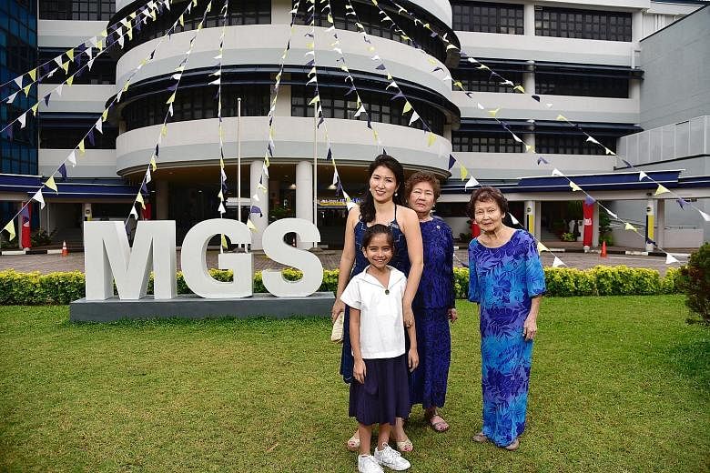 Astrid Natalya Virk, a pupil at Methodist Girls' School, with (from left) her mother Joy-Marie Toh, her grandmother Victorine Chen and her great- grandmother Happy Chen, all former students of MGS. Maintaining ties with the school is part of our heritage,