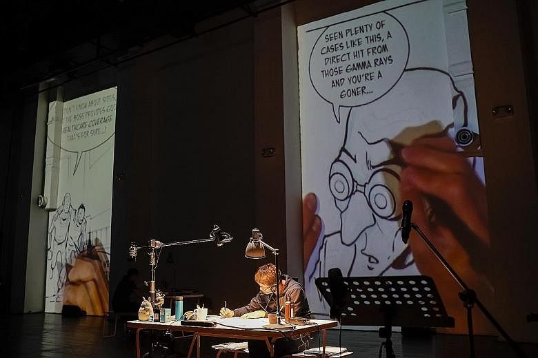Graphic artist Sonny Liew did not utter a word throughout his real-time sketching of various characters in his elegiac production Becoming Graphic.