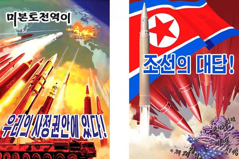 The recent unveiling of these posters and defiant slogans is a sign that tensions remain high between Pyongyang and Washington.
