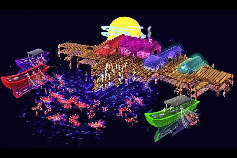 Artist's impression of the largest display, the Waters of Prosperity lantern set which depicts a fishing village.