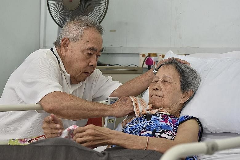 Mr Loh Yew Kim, 77, visits his wife, Madam Ng Gun Yok, 78, every day at the Ren Ci Nursing Home. He brings her favourite food and spends the entire day there, attending to her every need. Impressed by his devotion, Mr Loh was recognised last year as 
