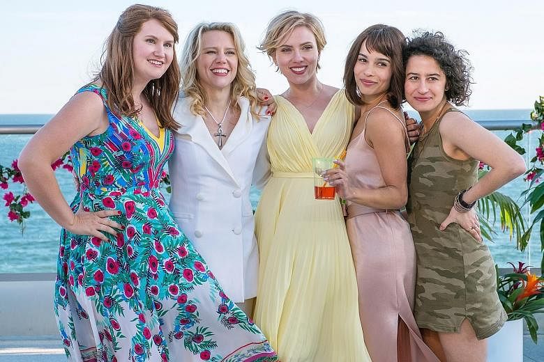 Scarlett Johansson (centre) is a bride-to-be who goes on a wild hen night with her friends (from left, Jillian Bell, Kate McKinnon, Zoe Kravitz and Ilana Glazer).