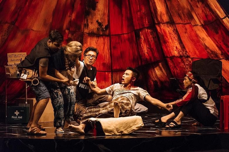 The story is played out in a semi-circular set. The cast (from left) Shrey Bhargava, Selma Alkaff, Adrian Pang, Thomas Pang and Tan Kheng Hua.