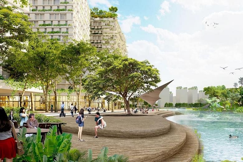 Multi-level connections (right) will make transfers between developments and transport nodes seamless for commuters in the Jurong Lake District. There will also be waterfront space for social activities, recreation and retail (below).